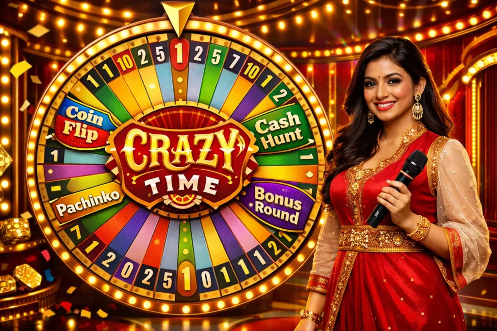 Vibrant promotional image for Crazy Time live casino game featuring a giant spinning wheel with colorful segments labeled Coin Flip, Cash Hunt, Pachinko, and Bonus Round, surrounded by bright stage lights and golden decorations, with a smiling Indian woman in traditional red saree and jewelry holding a microphone in the foreground